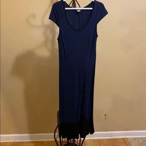 Long Navy Blue Mermaid Cut Dress w Button Detail